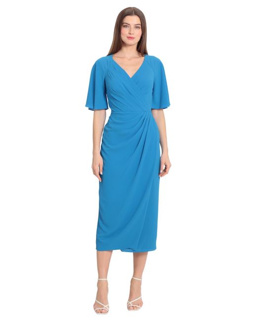 Maggy London Blue Draped Elbow-sleeve Midi Dress