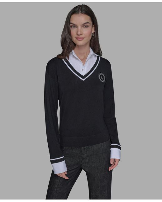 Karl Lagerfeld Black Twofer Patch V-neck Sweater