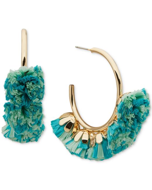 Lonna & Lilly Pink Gold-tone Raffia Pom Pom Charm C-hoop Earrings