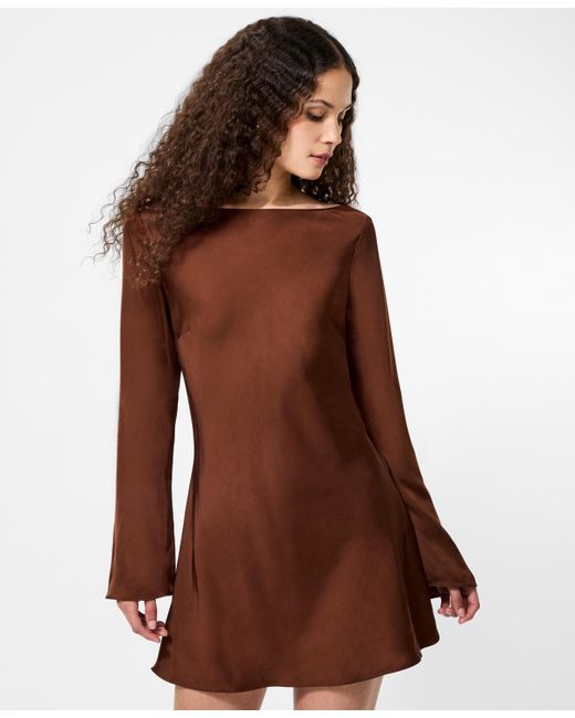 French Connection Brown Ennis Satin Long Sleeve Mini Dress