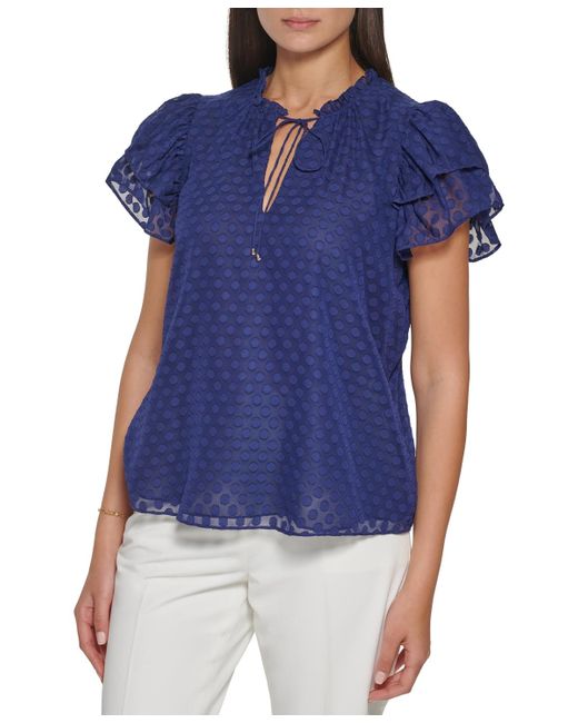 Tommy Hilfiger Blue Clip-dot Ruffled-sleeve Tie-neck Woven Blouse