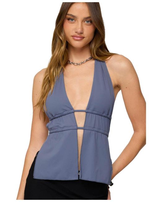 Edikted Blue Nikole Split Front Backless Halter Top