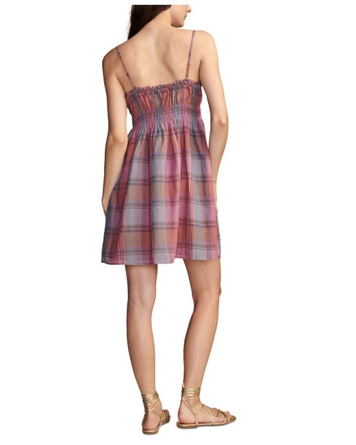 Lucky Brand Red Plaid-print Sweetheart-neck Cotton Smocked Mini Dress