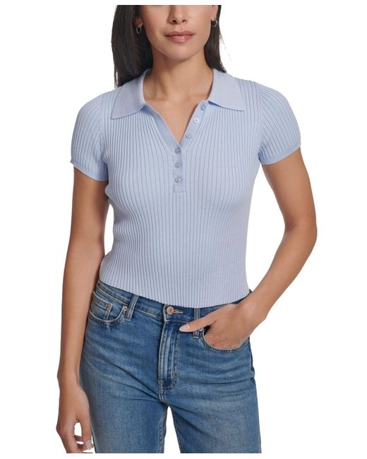 Calvin Klein Blue Petite Short-sleeve Ribbed Polo Shirt
