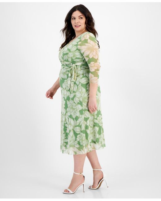 Anne Klein Green Plus Size Floral-print Midi Wrap Dress