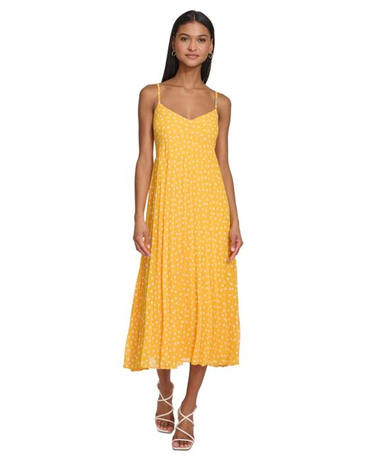 Karl Lagerfeld Yellow Polka-dot Pleated A-line Dress