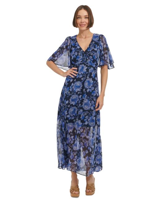 Tommy Hilfiger Blue Floral Flutter-sleeve Maxi Dress