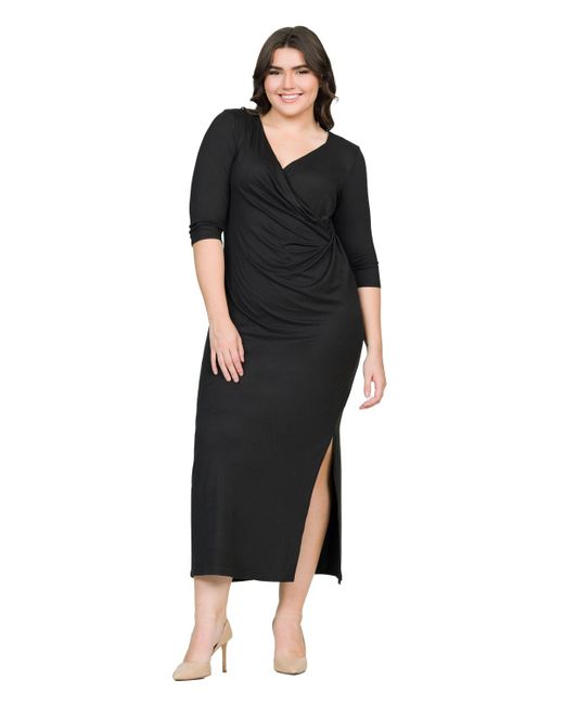24seven Comfort Apparel Black Fitted V-neck Side Slit Maxi Dress