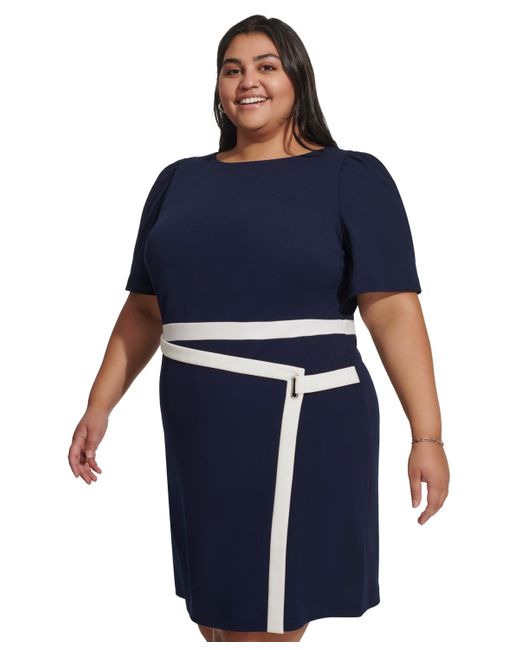 DKNY Blue Plus Size Puff-sleeve Tipped Dress