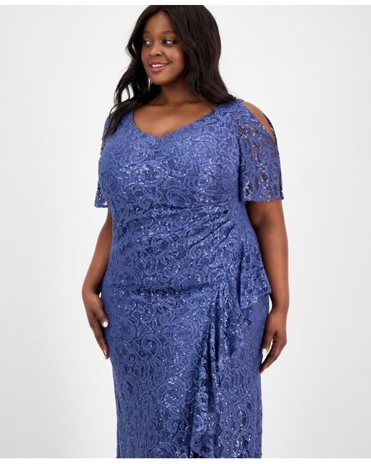 Alex Evenings Blue Plus Size V-neck Ruffle-trim-slit Sequin Dress