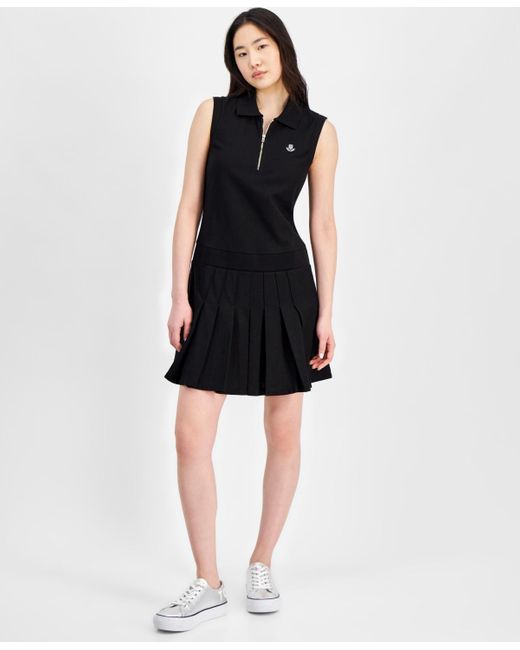 Tommy Hilfiger Black Collared Pleated Sleeveless A-line Dress
