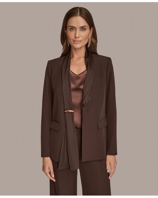 Donna Karan Brown Petites Mixed Media Draped Neck Blazer