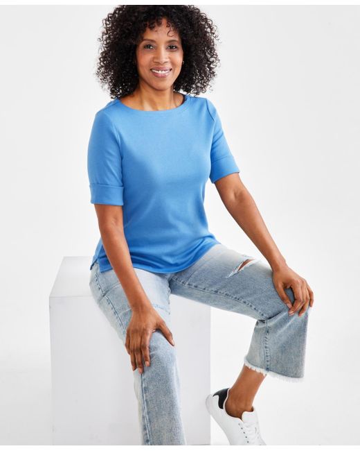 Style & Co. Blue Petite Cotton Elbow-sleeve Boat-neck Top