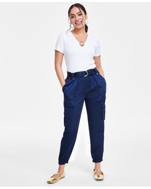 INC International Concepts Blue Petite Satin High-rise Belted Cargo Pants
