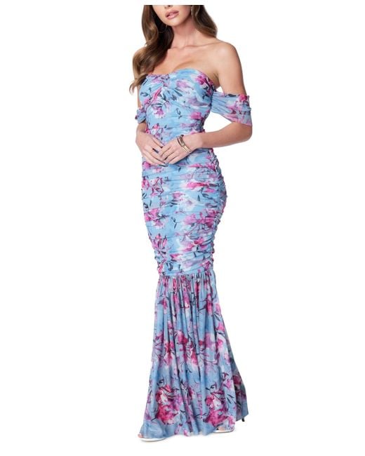 Bebe Blue Floral-print Ruched Off-the-shoulder Gown
