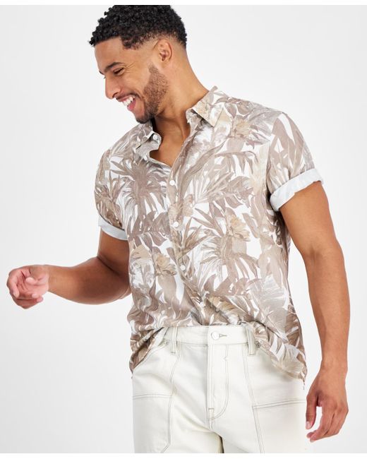 Guess White Tropical-print Short-sleeve Button-down Shirt for men