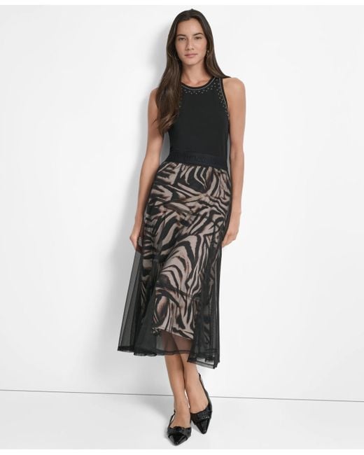 DKNY Black Printed Mesh Layered Midi Skirt