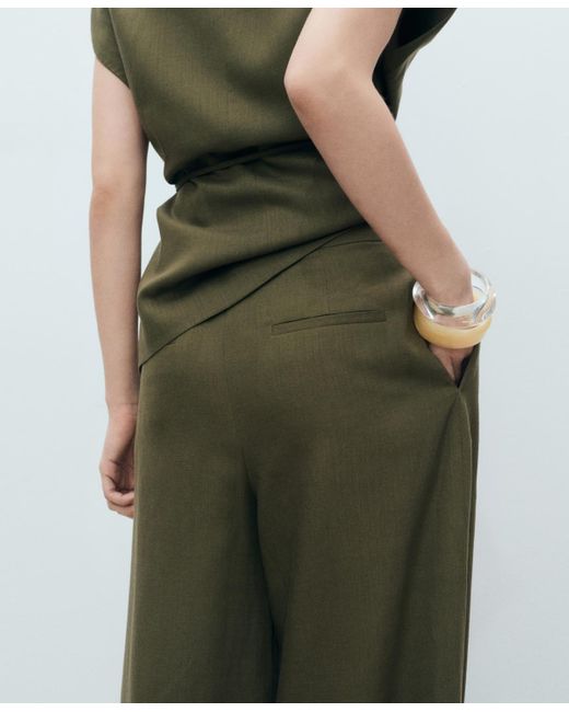 Mango Green Linen-blend Straight-fit Pants