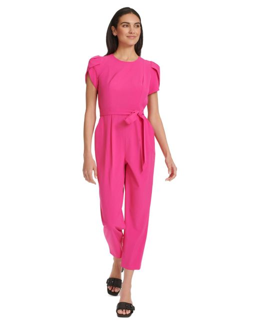 Calvin Klein Pink Short-sleeve Waist-tie Jumpsuit