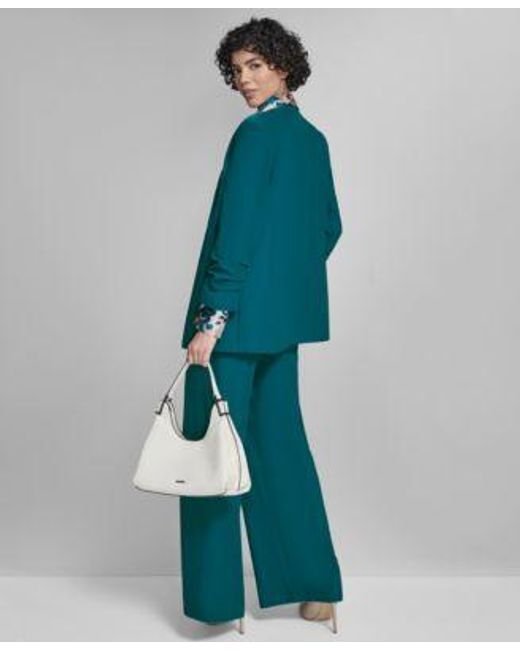 Calvin Klein Green High Rise Wide Leg Pants Printed Charmeuse Button Front Blouse Heavy Open Front Ruched Sleeve Blazer