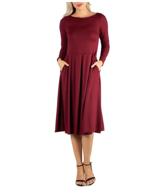 24seven Comfort Apparel Red Midi Length Fit And Flare Dress