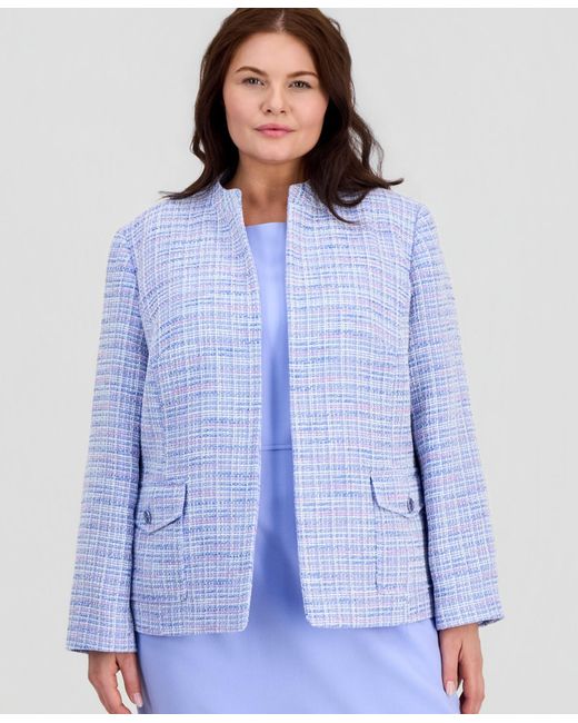 Kasper Blue Plus Size Open-front Tweed Jacket