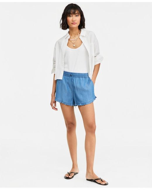 On 34th Blue Chambray Ruffled Drawstring Shorts
