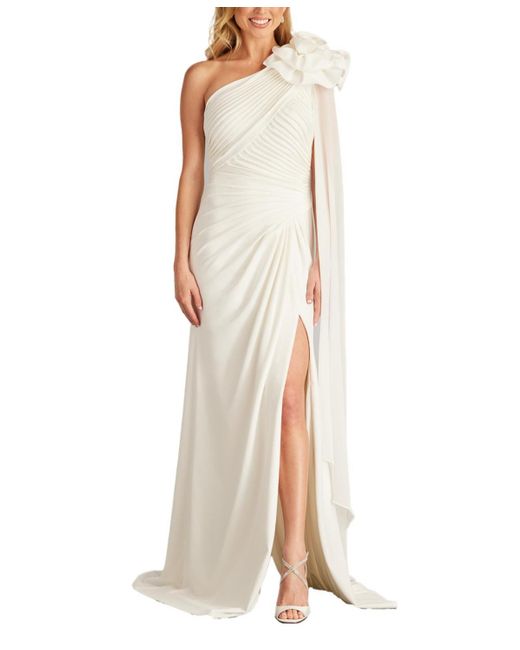 Tadashi Shoji White Amoret Rosette Shoulder Gown