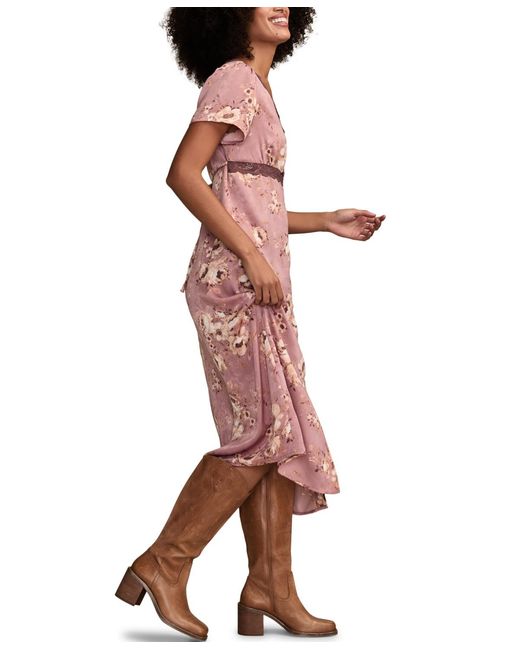 Lucky Brand Pink Lace Trim Floral Midi Dress