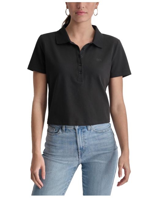 DKNY Black Cropped Relaxed-fit Polo