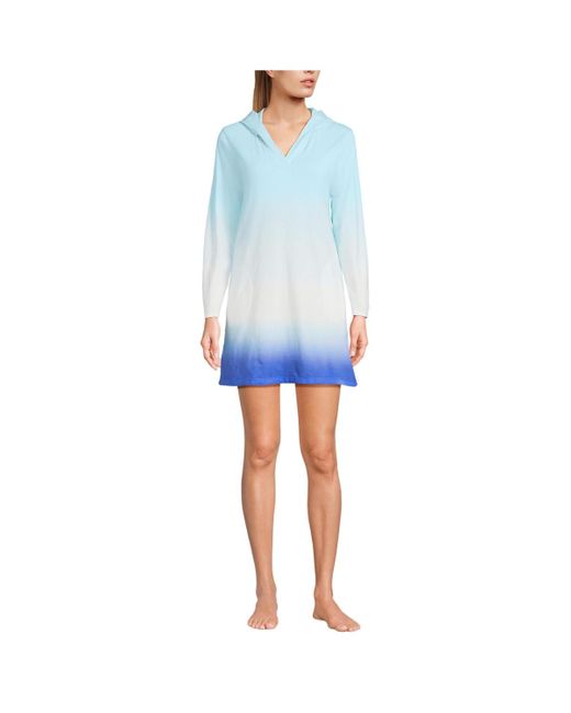 Lands' End Blue Cotton Jersey Long Sleeve Hooded Swim Cover-up Dress