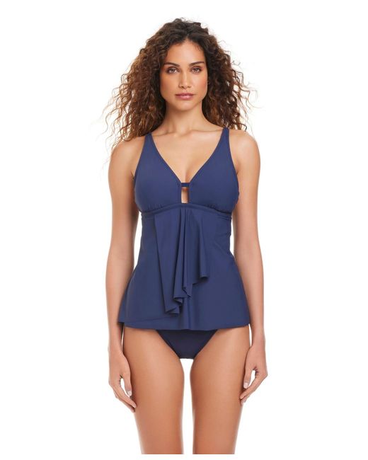 Beyond Control Blue Solid Front-cascade Tankini Top