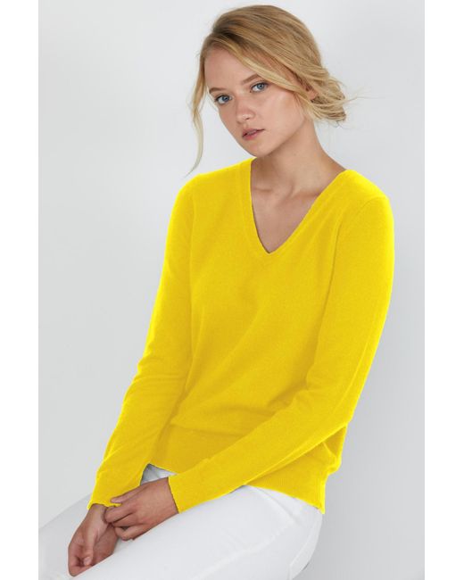 Jennie Liu Yellow 100% Pure Cashmere Long Sleeve Pullover V Neck Sweater