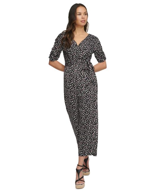 DKNY Black Printed Ruched-sleeve Cropped Jumpsuit