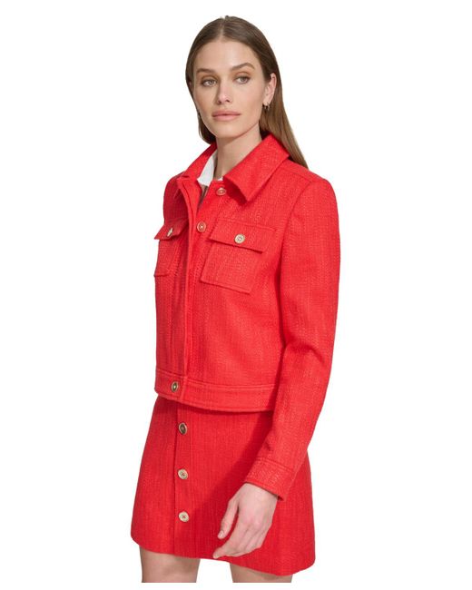 DKNY Red Cropped Long-sleeve Tweed Blazer