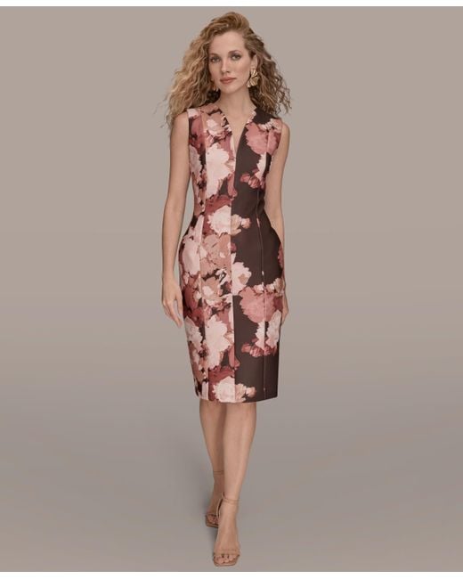 Donna Karan Brown Floral V-neck Dress
