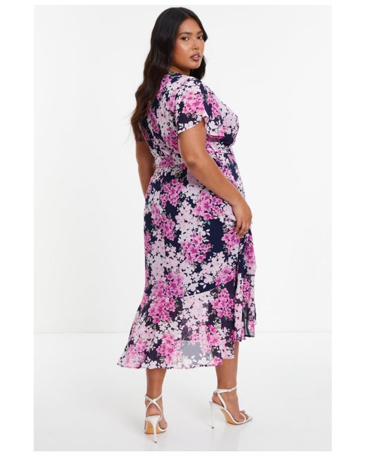 Quiz Purple Plus Size Floral Print Midi Dip Hem Dress