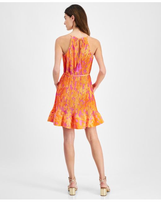 Taylor Orange Petite Floral-print Pleated A-line Dress