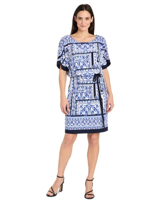R & M Richards Blue Plus Size Printed Blouson A-line Dress