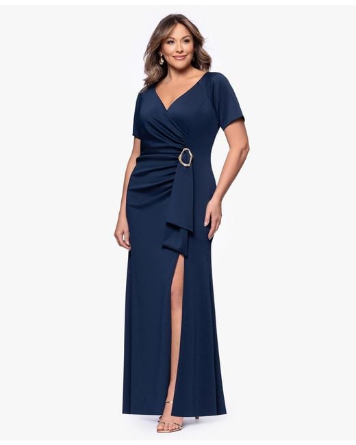 xscape embroidered lace v-back dress XSCAPE Women's Blue Flower-Embellished Gown Dress  COUTUREPOINT
