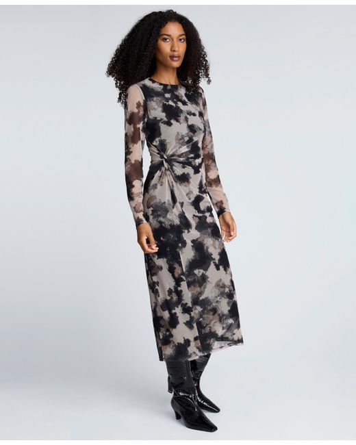 Kenneth Cole Black Printed Mesh Long-sleeve Knot Dress