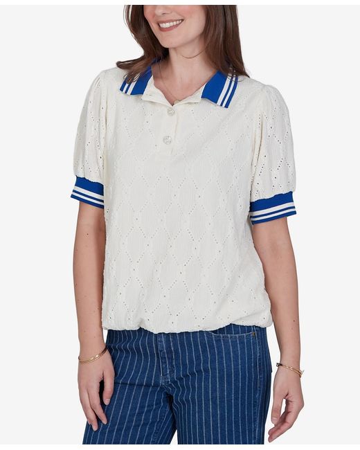 Ruby Rd Blue Plus Size Diamond Eyelet Bubble Hem Top