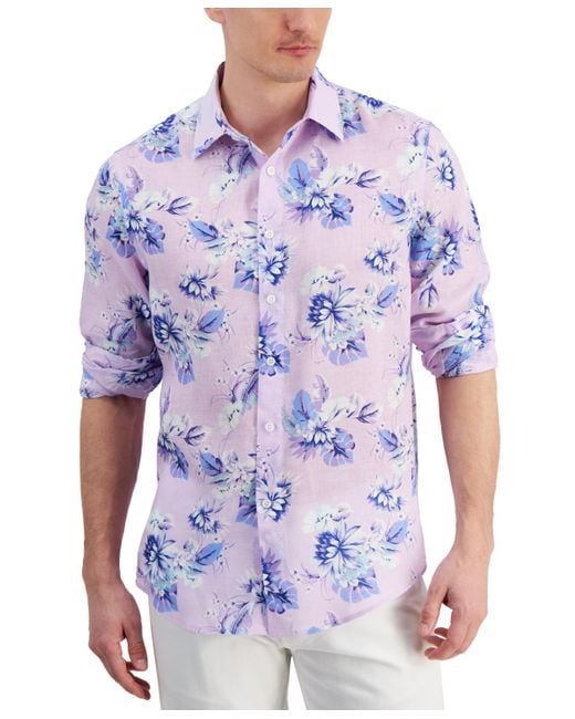 Club Room Blue Noche Floral-print Long-sleeve Linen Shirt for men