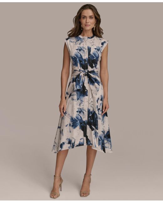 Donna Karan Blue Printed Tie-front Dress