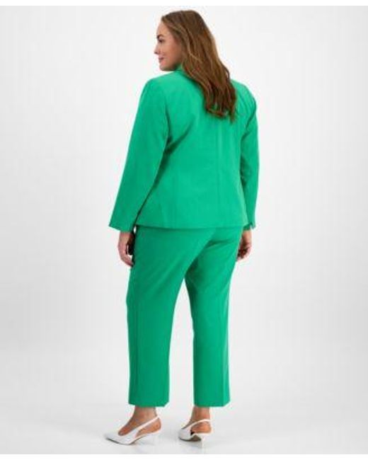 Kasper Green Plus Size Notched Collar Blazer Printed Cap Sleeve Top Straight Fit Suit Pants