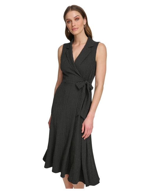 DKNY Black Printed Tie-waist Sleeveless A-line Dress