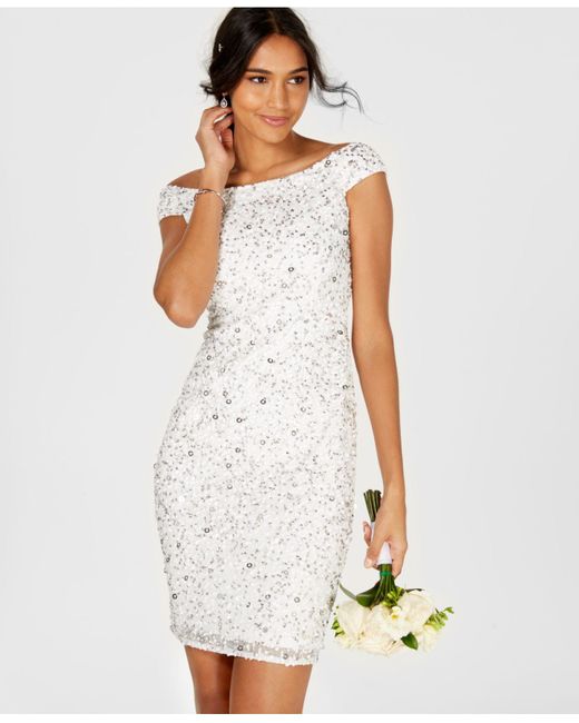 Adrianna Papell Off-the-shoulder Beaded Cocktail Dress in White | Lyst