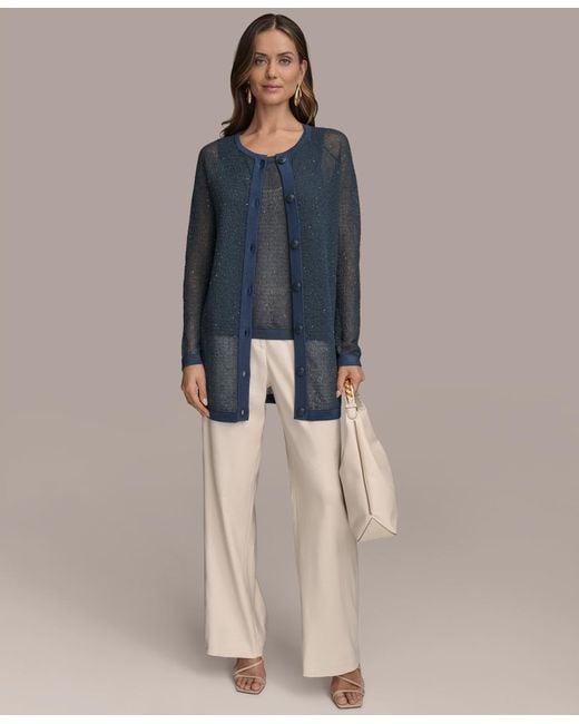 Donna Karan Blue Sequin Embellished Long Cardigan