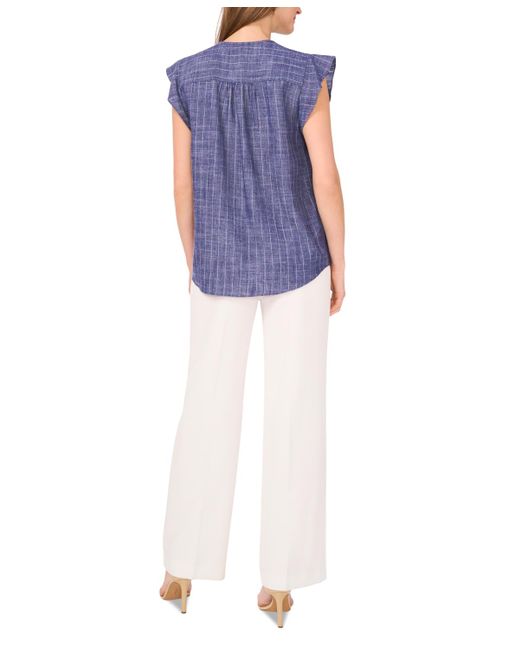 Vince Camuto Blue Chambray Shine-stripe Flutter-sleeve Top
