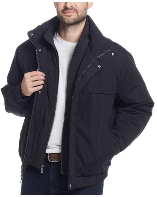 Weatherproof Blue Microfiber Poly Filled Bomber Jacket for men